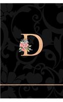 D: Letter D Monogram Floral Journal, Pink Flowers on Elegant Black, Personal Name Initial Personalized Journal, 6x9 Inch Blank Lined College Ruled Note