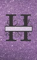 H - Journal & Notebook: Monogram Letter H, Journal, Notebook with Unicorn Motif on Back and - Purple Glitter Effect Cover
