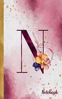 N Notebook: 8.5 x 11 Pretty Gold Foil Floral Design Letter "N" Monogram Initial Book for Women and Girls: Wide Ruled Notebook For All Your Home, School And Busi