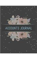 Accounts Journal: Account journal, space for keeping track of cash or check payments, features columns for description, reference, and debit or credit, leaf cover.