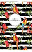 Lined Notebook: Tropical Notebook for Women Girls Black Stripes Floral Parrots Journal College Ruled Blank Lined (6 X 9) Small Composition Book Planner Diary Softba