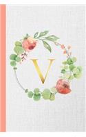 V: Monogram Initial Composition Notebook Gold & Watercolor Botanical Personalized Notebook for Girls & Women