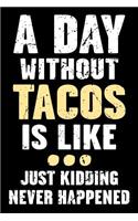 A Day Without Tacos Is Like... Just Kidding Never Happened: Funny Blank Lined Journal and Notebook to Write in for Taco Lovers