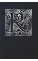 Notebook: Art Nouveau Initial R - Silver on Black - Lined Diary / Journal