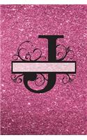 J - Journal & Notebook: Monogram Letter J Journal, Notebook with Unicorn Motif on Back and Pink - Glitter Effect Cover