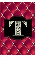 T: Monogram Journal or Diary. Captivating Ruby Red and Gold Diamond Design with a Decorative Uppercase Initial with Texture & Charm on a Vintage Black 