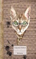 Composition Book - Wide Ruled LInes: Cute Cat with Glasses and Grunge Background