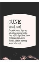 June Noun [ June ] the Perfect Woman Super Sexy with Infinite Charisma, Funny and Full of Good Ideas. Always Right Because She Is... June