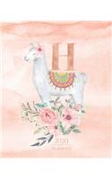 2020 Planner H: Llama Rose Gold Monogram Letter H with Pink Flowers (7.5 x 9.25 in) Horizontal at a glance Personalized Planner for Women Moms Girls and School