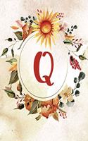 Notebook 6"x9", Letter Q, Orange Green Floral Design
