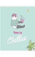 Time to chillax.: Cute cartoon panda & rainbows notebook, notepad journal or blank book. Adorable cool hand drawn chillax relaxing panda illustration featuring funny 