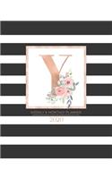 Weekly & Monthly Planner 2020 Y: Black and White Stripes Rose Gold Monogram Letter Y with Pink Flowers (7.5 x 9.25 in) Vertical at a glance Personalized Planner for Women Moms Girls