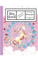 Story Journal Composition Notebook Half Unruled Drawing Space Half Wide Ruled Lined: Combined Write and Sketch Blank Workbook(3 Pink Cover Unicorn)