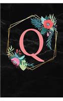 Q: Monogramm Buchstabe Q 120 Seiten DIN A5 Notizbuch Marmor Gold Schwarz personalisiert Name farbige Blumen Initial Tagebuch für Frauen und Mädchen