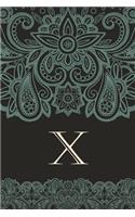 X: Monogrammed Blank Lined Journal: Beautiful and Classic: Ornate Dusky Neutral and Mint Green Paisley Pattern Design