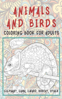 Animals and Birds - Coloring Book for adults - Elephant, Llama, Lizard, Bobcat, other