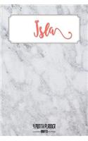 Isla 4 month Planner Undated: A personalized notebook for Isla. Marble background design with script font name in this year's color (Living Coral). A perfect daily organization g