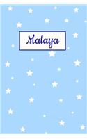 Malaya: Personalized Name Journal. Wide Ruled (Lined) Writing Diary, Composition Book. Baby Blue Star Cover for Girls, Kids and Teens