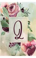 Planner Undated 6"x9" - Wine Green Floral Design - Initial Q: Non-dated Weekly and Monthly Day Planner, Calendar, Organizer for Women, Teens - Letter Q