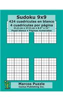 Sudoku 9x9 - 424 cuadrículas en blanco: 4 cuadrículas por página; 21,6 x 27,9 cm; 8,5" x 11"; Papel blanco; Números de página; Number Place; Nanpure; 9 x 9 Plantilla de Puzle