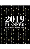 2019 Planner Weekly and Monthly Agenda: Gold Arrows with Black Background, 12 Month Dated from January 2019 Through December 2019, with to Do List Dated