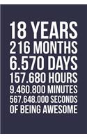 Blank Lined Journal, Notebook, Diary, Planner - 18 Years 216 Months Of Being Awesome - 18th Birthday Gift For 18 Years Old Boys And Girls: Medium College-Ruled Journey Diary, 110 page, Lined, 6x9 (15.2 x 22.9 cm)