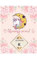 Notebook: Monogram intial Letter K - Unicorn Design Journal Gift for Her / Him