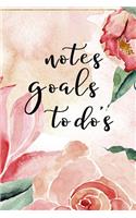 Notes Goals To do's: To do List with checkboxes - Daily Checklist Planner & Journal - Undated Start Anytime - Watercolor roses pattern