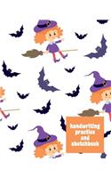 Handwriting Practice and Sketchbook: Large Primary Composition Book for Penmanship, Drawing, and Writing Stories with Cute Flying Witch and Bat Pattern Cover in Purple