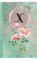 Personalized Monogrammed Letter X Journal: White Paper with Green and Pink Damask Lace with Roses on Glossy Cover