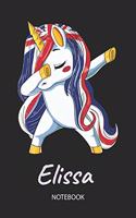 Elissa - Notebook: Blank Lined Personalized & Customized Name Great Britain Union Jack Flag Hair Dabbing Unicorn Notebook / Journal for Girls & Women. Funny Unicorn Ac