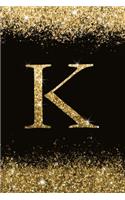 K: Personalized Initial Monogram Blank Lined Notebook Journal Printed Glitter Black and Gold, for Women and Girls 6x9 inch. Christmas gift, birthday gi