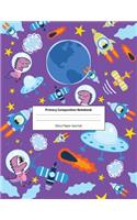 Primary Composition Notebook Story Paper Journal: Dotted Midline and Picture Space - Grades K-2 School Exercise Book - 100 Story Pages - Dinosaur T-Rex Astronaut, Space Rocket Aliens & Stars - Purpl