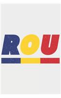 Rou: Romania notebook with lined 120 pages in white. College ruled memo book with the romanian flag