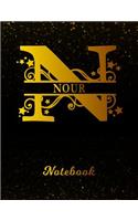 Nour Notebook: Letter N Personalized First Name Personal Writing Notepad Journal Black Gold Glittery Pattern Effect Cover College Ruled Lined Paper for Journalists