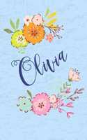 Olivia: Personalized Name and Floral Design on Calm Sky Blue Pattern, Lined Paper Note Book For Girls To Draw, Sketch & Crayon or Color (Kids Teens and Adul