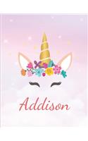 Addison: Personalized Unicorn Sketchbook For Girls With Pink Name - Girls Customized Personal journal/ blank book - 8.5x11 110 Pages Doodle Sketch Create- cu