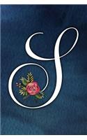 S: Letter S Journal, Floral Letter on Blue Watercolor, Personalized Notebook Monogram Initial, 6 X 9