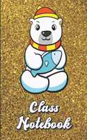 Class Notebook: Cute Winter Polar Bear Character Gold Glitter Print Effect Background, Large Lined Notebook For Homewook, Studying, Class, Note Taking and more.