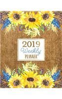 2019 Weekly Planner: Rustic Burlap & Watercolor Sunflowers Agenda Book Organizer