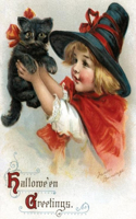 Girl with Black Cat Halloween Greeting Card