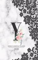 Weekly & Monthly Planner 2020 Y: Black Lace Marble Monogram Letter Y with Pink Flowers (7.5 x 9.25 in) Horizontal at a glance Personalized Planner for Women Moms Girls and School