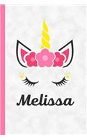 Melissa: Personalized Name Unicorn Notebook Journal College Ruled Blank Lined (6 X 9) Small Composition Book Planner Diary Softback Cover Custom Gift for Uni