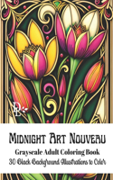 Midnight Art Nouveau - Grayscale Adult Coloring Book: 30 Black Background Illustrations to Color