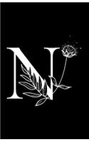 N: Monogram Initial Blank Lined Notebook & Journal for Girls, Women & Teens. Stylish Botanical Letter in Black & White. Perfect Gift in a Handy Compact