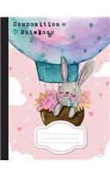 Composition Notebook: College Wide Ruled Mini Bunny with Hot Air Balloon watercolor, School Notebook, 110 Pages, 8.5" x 11"