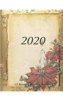 Large Print - 2020 - 15 Months Weekly Planner - Victorian Christmas - Holiday Candle with Red Poinsettia Flowers