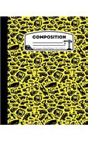 Composition: Construction Yellow and Black Marble Composition Notebook for Boys or Girls. Trucks Cranes Equipment Wide Ruled Book 7.5 x 9.25 in, 100 pages, journ