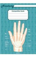 Anatomy composition book: 200 ruled line page 7" x 10"(17.78 x 25.4 cm). Notebook with a detailed scientific view of the human hand and a human eye.