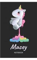 Macey - Notebook: Blank Ruled Personalized & Customized Name Rainbow Farting Unicorn School Notebook Journal for Girls & Women. Funny Unicorn Desk Accessories for Kin